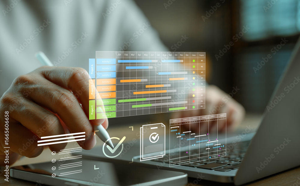 Poster project management with digital gantt chart interface on laptop and tablet, showing task scheduling,