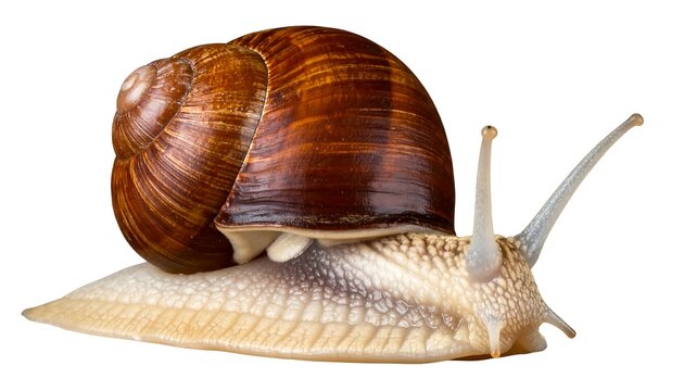 A large, brown and beige snail with a spiral shell, crawling on a white background - Powered by Adobe
