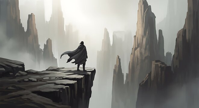 Solitary Figure on Mountain Precipice.