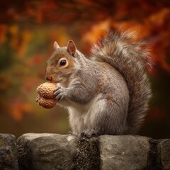 Obraz premium A Squirrel With A Prize Acorn In The Autumn