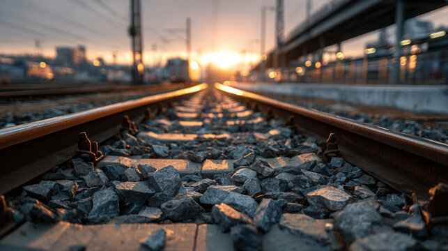 Captivating sunset glow along the railway tracks creates a serene atmosphere filled with tranquility and reflection