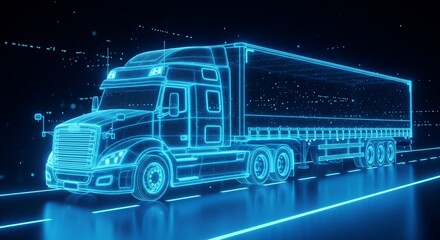 Neon blue wireframe semi truck on road trailer