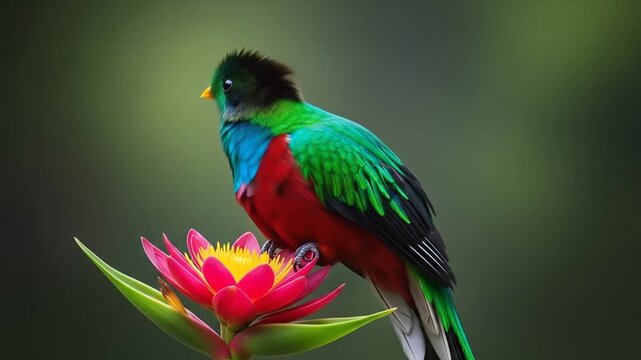 A vibrant quetzal rests gracefully on a blooming flower capturing the essence of exotic wildlife and natural beauty with stunning plumage and delicate petals