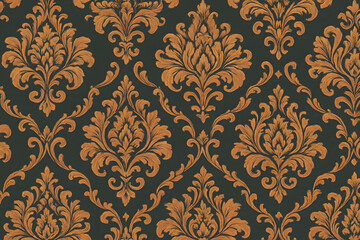 Vintage pattern wallpaper: A seamless and symmetrical wallpaper design featuring an intricate damask pattern with ornate floral motifs, perfect for classic interior designs.