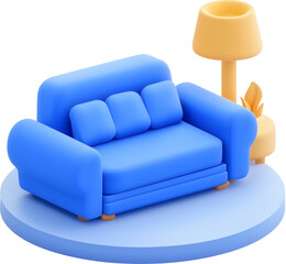 A 3D cartoon blue sofa