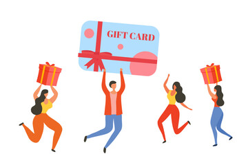 Four people with gift card and gift box. Discount card, coupon, voucher and certificate. Program of Earn loyalty points and online reward vector illustration 
