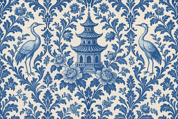 Timeless Elegance: A breathtaking seamless pattern in the classic blue and white aesthetic, showcasing a pagoda, graceful crane, and meticulously detailed flora.
