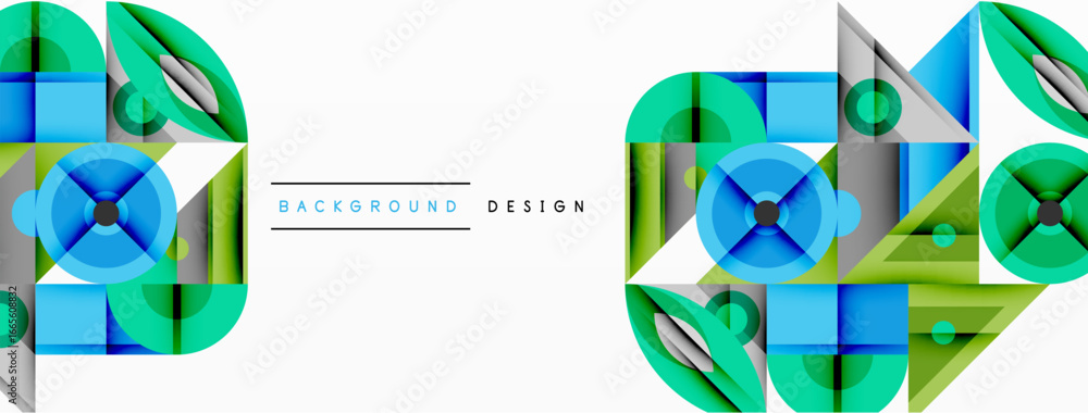 Poster abstract geometric shapes, blue, green hues. modern design elements create dynamic visual pattern. c