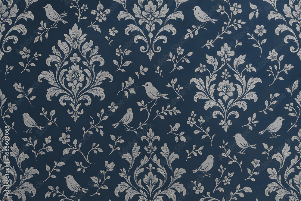Poster damask pattern with birds: a classic damask pattern in navy, intricately detailed with scrolling fol
