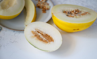 Canary and Snow Leopard Melon on Quartz Counter