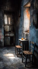 Dimly lit interior, aged furniture, and sunlit walls