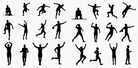 Dynamic black silhouettes of people performing various athletic movements, including running, jumping, throwing, and celebrating sports achievements.