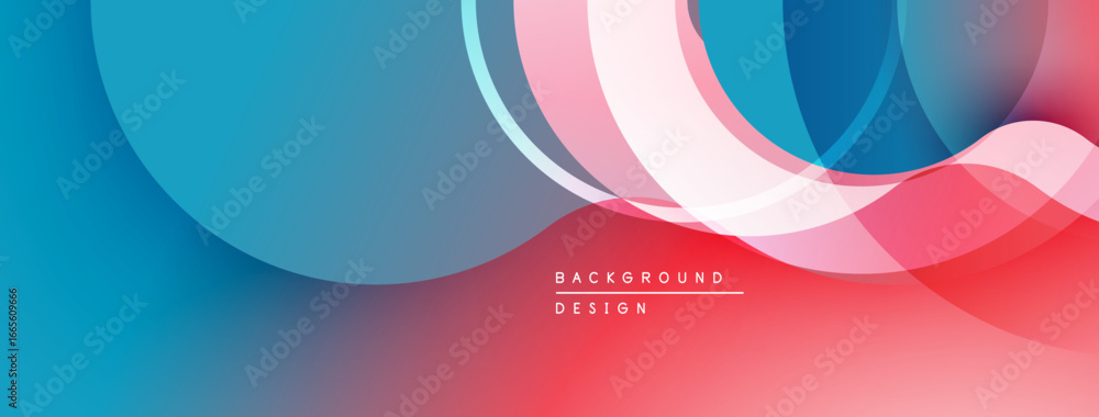 Poster Abstract background features overlapping circles, gradients. Blue, red, white hues create dynamic visual flow. Modern design element.