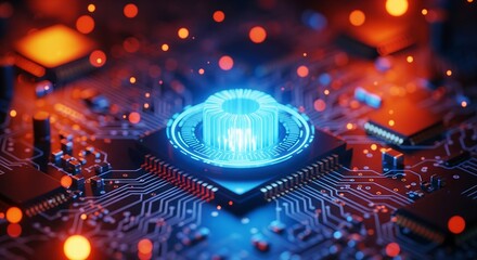 Glowing blue processor on circuit board technology