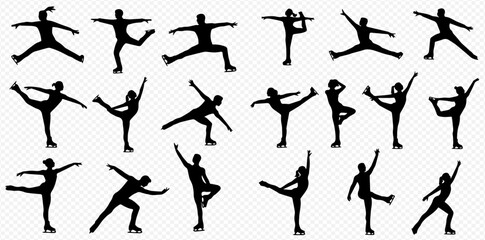 A collection of black silhouettes depicting various male and female ice skaters performing dynamic and graceful poses, illustrating the athleticism and artistry of the sport.