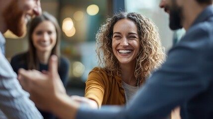 Obraz premium A smiling woman shaking hands with a man in a modern office setting.