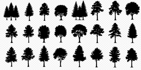 Diverse collection of black tree silhouettes representing various coniferous and deciduous species on a transparent background.