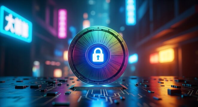 Cybernetic lock on circuit board with neon lights cyber security