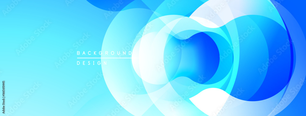Poster abstract blue circles overlap, creating dynamic visual effect. gradient shades suggest depth, modern