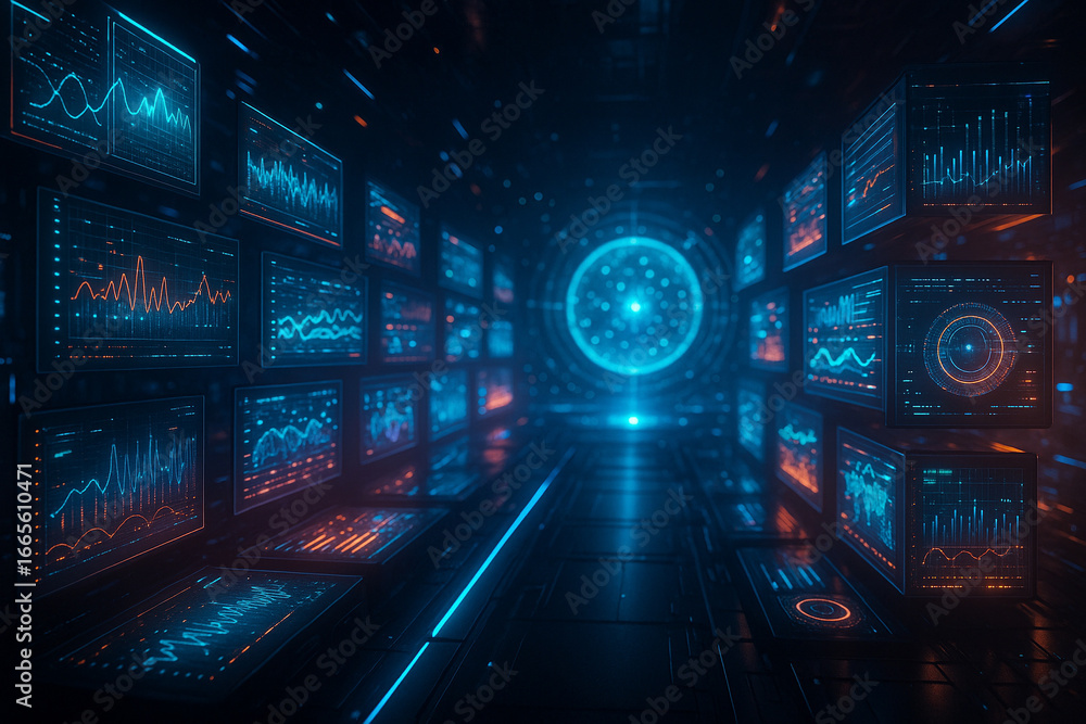 Poster dynamic data visualization wall with futuristic glowing charts and analysis insights