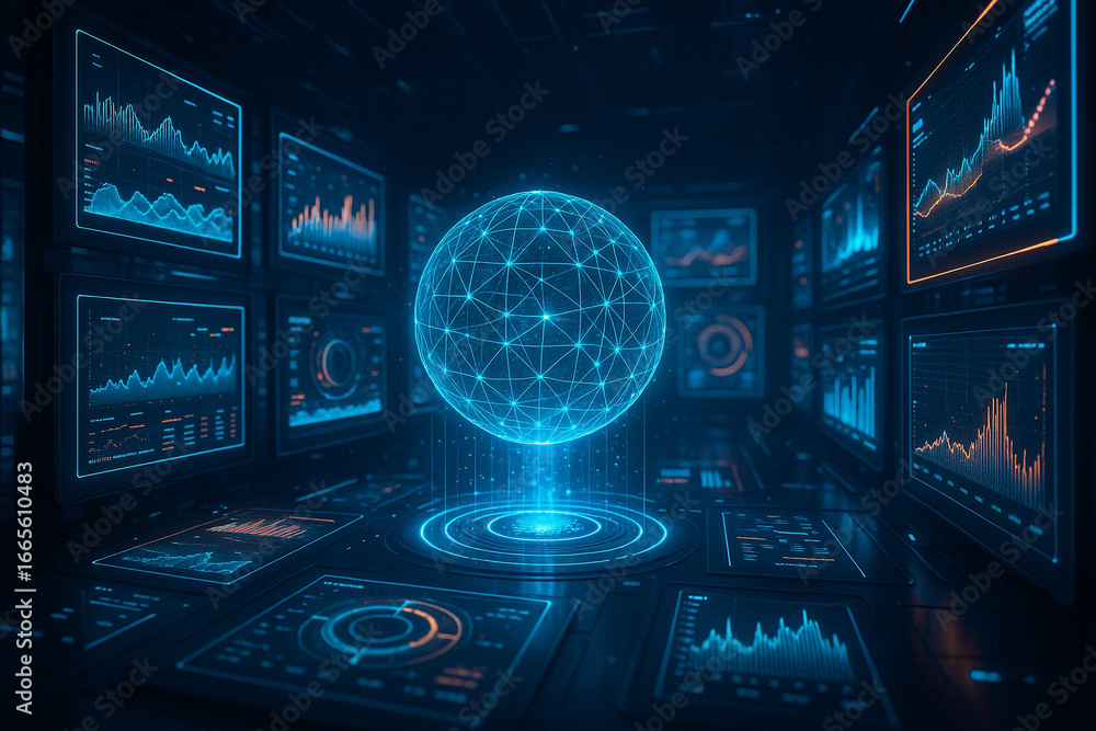 Poster futuristic data visualization sphere glowing amidst screens displaying complex analytics and global 