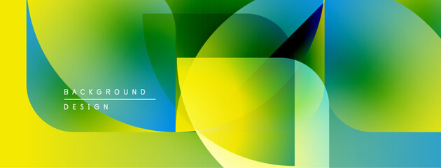 Abstract geometric shapes blend vibrant yellow, green, blue hues. Modern design creates dynamic visual experience.