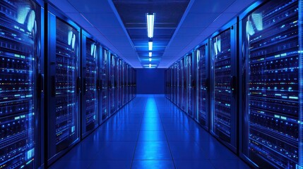 Fototapeta premium A long, narrow hallway with rows of server racks in a data center. 