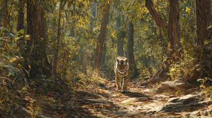 Bengal Tiger Moving Quietly Through A Sunny Wood