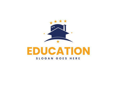 Naklejki Blue house with stars and orange text EDUCATION and slogan placeholder education learning