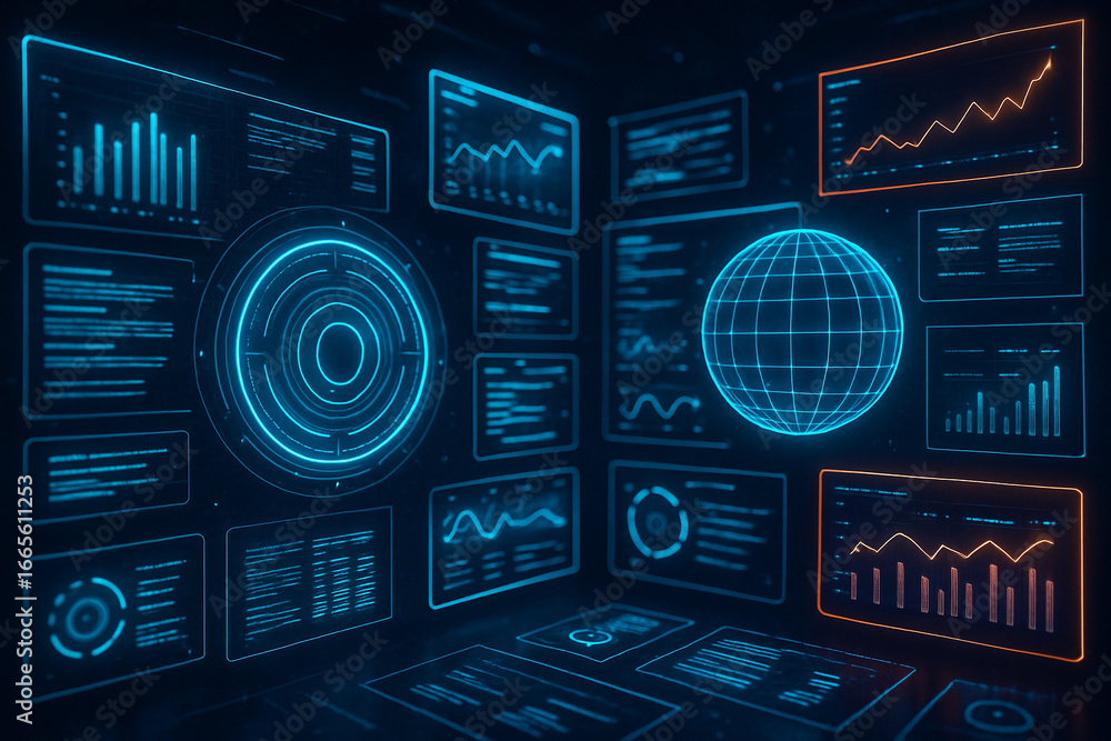 Poster dynamic digital dashboard displays global data analytics and futuristic financial charts