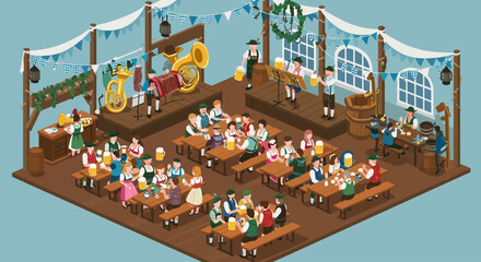 A lively Flat Design illustration depicting the interior of an Oktoberfest beer tent, bustling with people enjoying drinks and music at long communal tables. The scene captures the festive atmosphere  © Aries