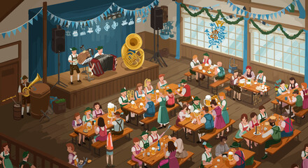 A lively Flat Design illustration depicting the interior of an Oktoberfest beer tent, bustling with people enjoying drinks and music at long communal tables. The scene captures the festive atmosphere 