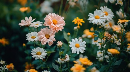 Obraz premium A vibrant garden scene with daisies and yellow flowers in soft focus, set against a blurred green background.