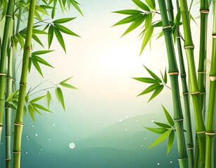 Lush green bamboo stalks frame a tranquil, misty landscape