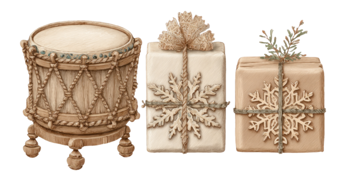 Decorative Drum and Gift Boxes on Transparent Background