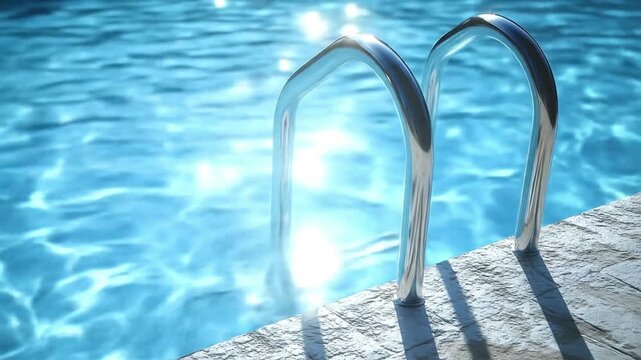 A poolside ladder leads into clear blue water with sunlight reflecting on the surface and tile deck