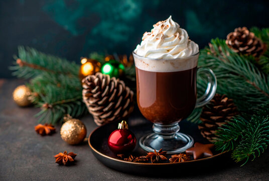 Festive cup of cocoa with whipped cream on rustic wooden table, holiday Christmas drink surrounded by pine and gold decorations, cozy winter beverage, sweet dessert, seasonal celebration concept.