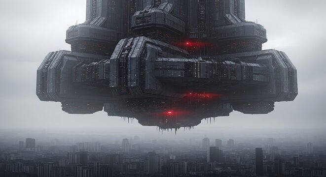 Alien Hovercraft Above Cityscape. - Powered by Adobe