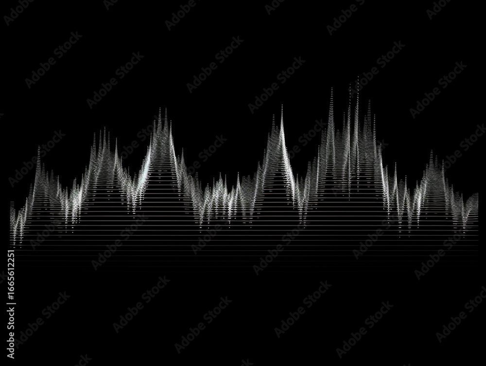 Poster a dynamic, digital representation of an audio waveform or equalizer, featuring a jagged series of wh