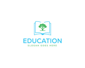 Education logo with open book and tree on white background learning knowledge