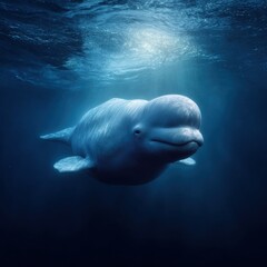 Naklejka premium Cheerful Beluga Whale Swims In Moody Blue Water