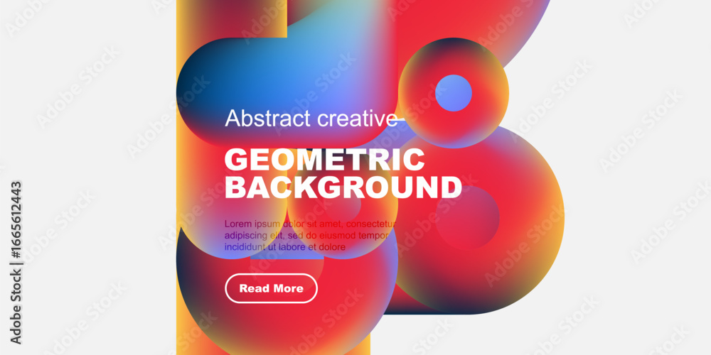 Poster vibrant abstract shapes overlap, creating dynamic geometric background. text promotes further explor