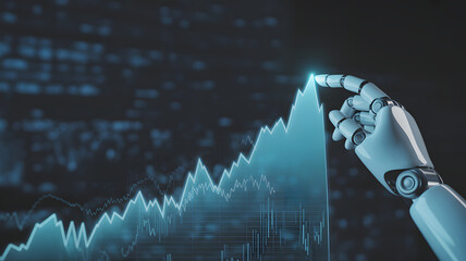AI robot hand showing financial growth, stock market with dynamic chart rising up