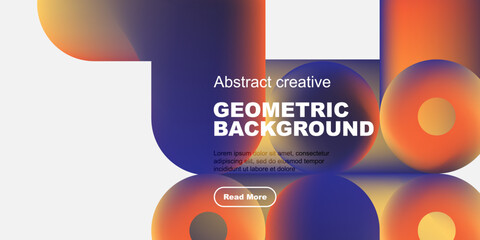 Abstract geometric shapes, vibrant colors, modern design. Text overlay includes geometric background, plus sample text, button.