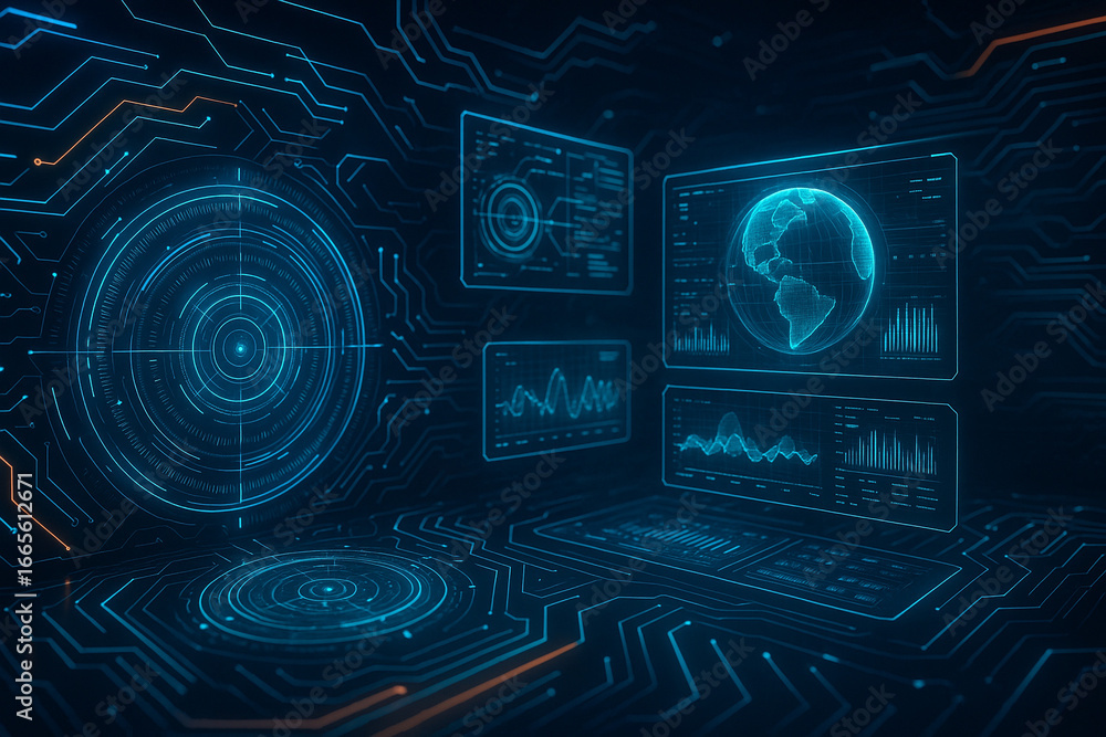 Poster dynamic digital interface displays global data and analytics, showcasing technological progress.
