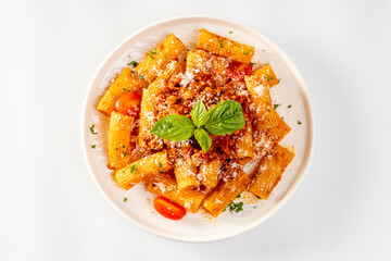 Classic italian pasta penne alla arrabiata with basil and freshly grated parmesan cheese.