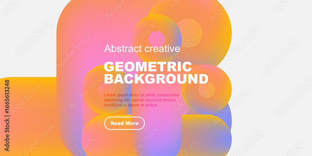 Poster vibrant abstract shapes blend, creating dynamic geometric background. text promotes further explorat