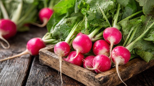 Fresh radishes in a wooden crate on a rustic wooden table.