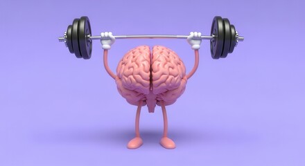 Cartoon brain lifting weights on purple background