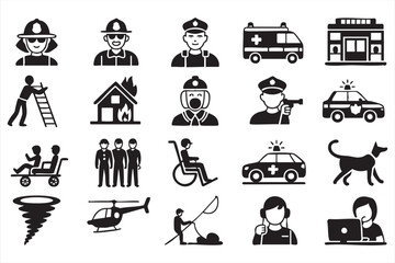 Silhouette Icons of Law Enforcement, First Responders and Emergency Situations